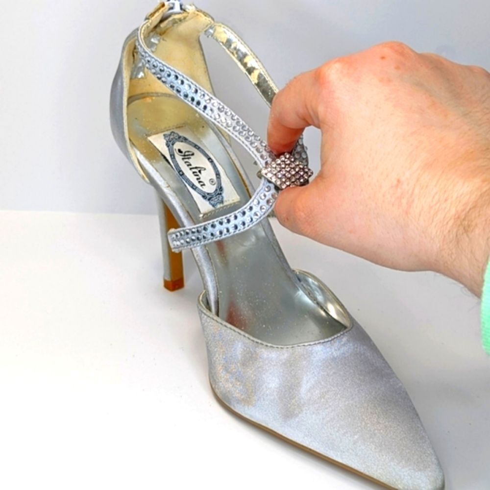 Italina Strappy Satin Rhinestone Pump Pointed Toe Silver Bridal 4in